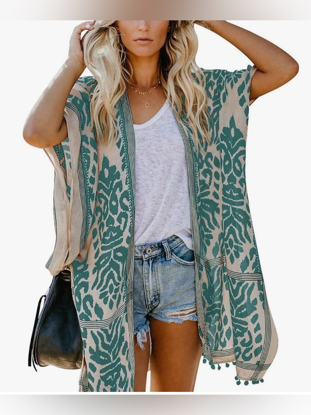 Teal and Beige Patterned Kimono Cardigan One size